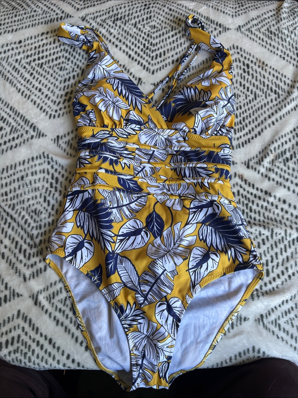 Yellow Tropical One-Piece Swimsuit with Navy & White Leaf Print